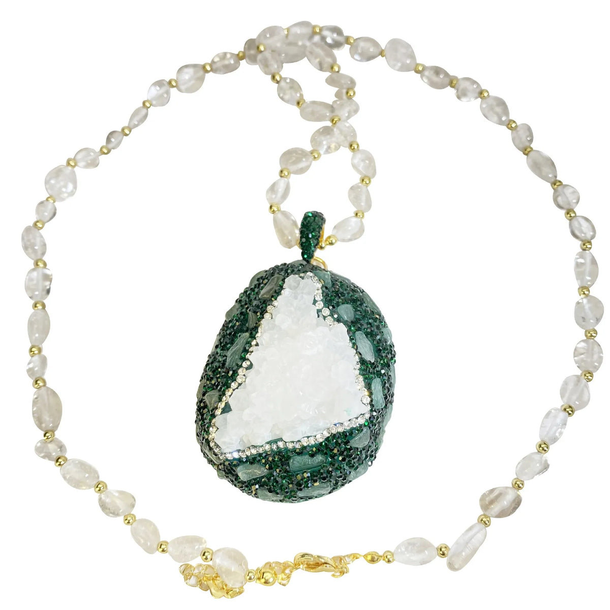 Crystal bud pendant necklace for women with transparent crystal bud, melon seed chain and geometric leaf design, 61-70cm