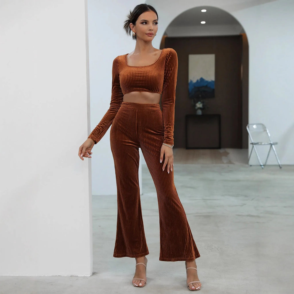 Caramel long sleeve sweater set with top and pants, polyester spandex blend, sizes S-XXXL