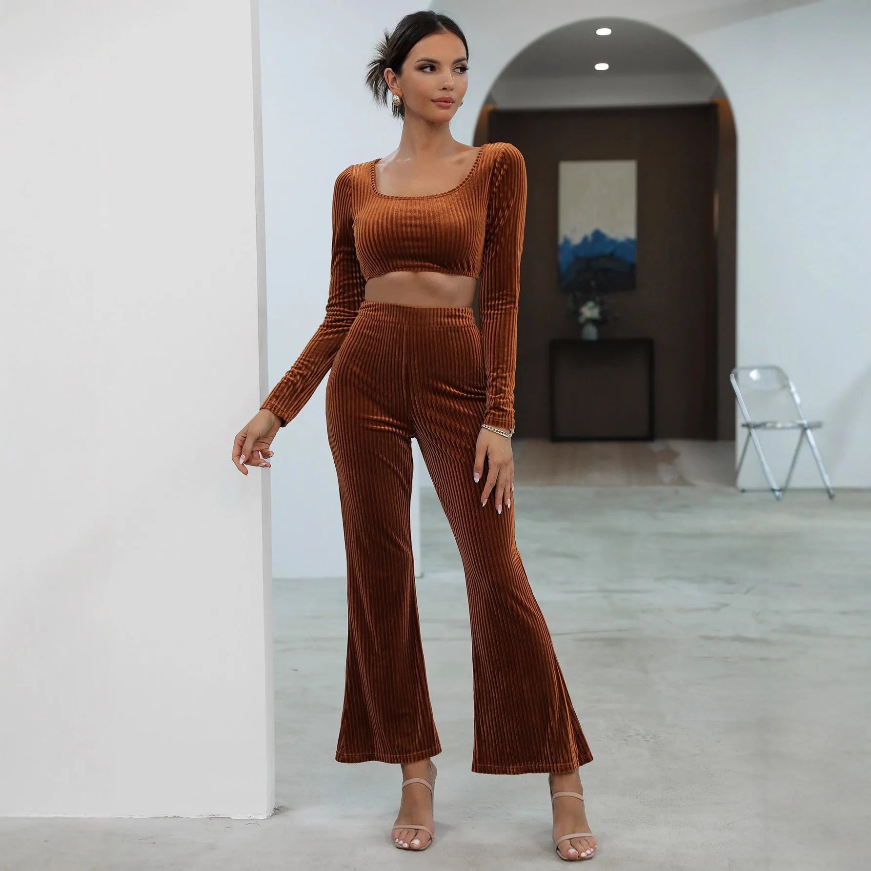 Caramel long sleeve sweater set with top and pants, polyester spandex blend, sizes S-XXXL