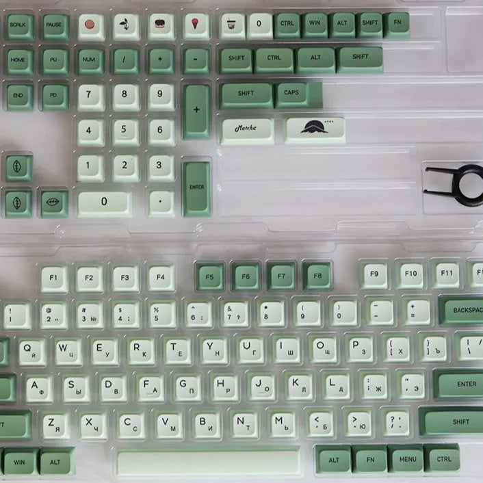 124 Matcha green PBT keycaps with white dye-sublimated legends, arranged in a keyboard layout.
