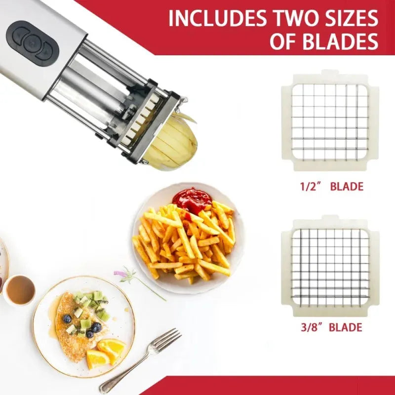 Black electric French fry cutter with stainless steel blades on a kitchen countertop.