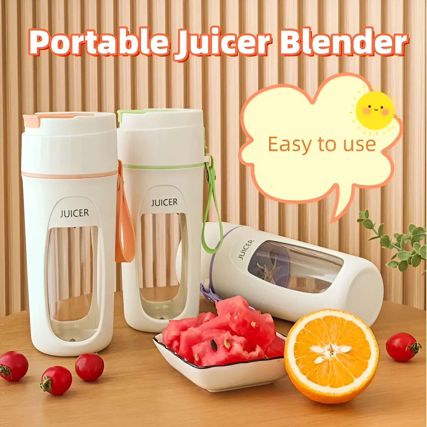 Portable USB charging electric blender cup in grass green, light purple, and fresh orange colours.