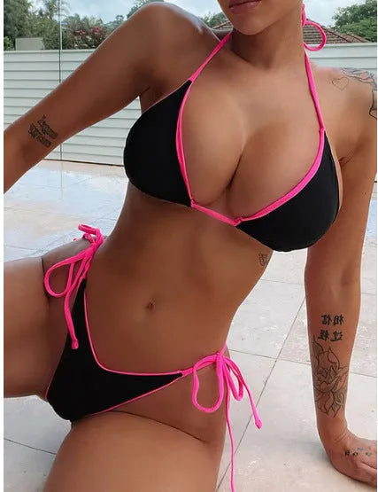 Women's lace-up front triangle bikini top with cheeky split bottoms in a solid colour.