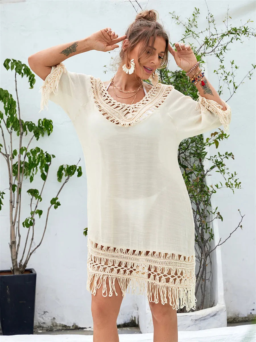 Hand-crocheted apricot beach dress with polyester lining for swimming activities