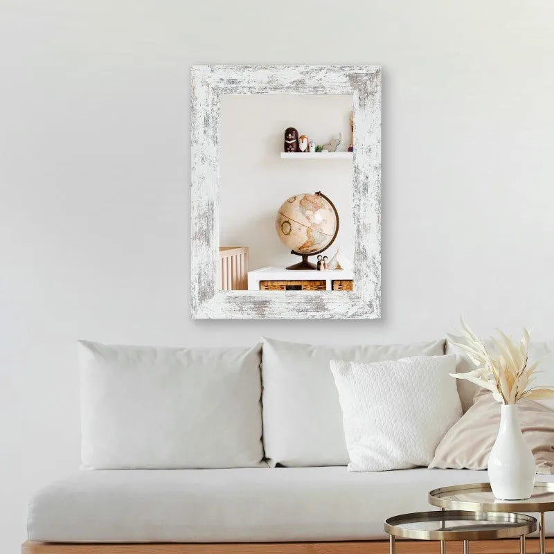 Wall-mounted dressing mirror with retro Chinese style white frame in bathroom setting