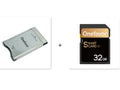 SD to PCMCIA adapter card with 32GB SDHC, stainless steel housing, dimensions 85.6mm x 54mm x 5mm