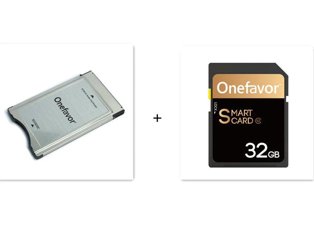 SD to PCMCIA adapter card with 32GB SDHC, stainless steel housing, dimensions 85.6mm x 54mm x 5mm