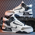 Men's high-top lace-up board sneakers in beige, white, and blue colours with rubber soles.
