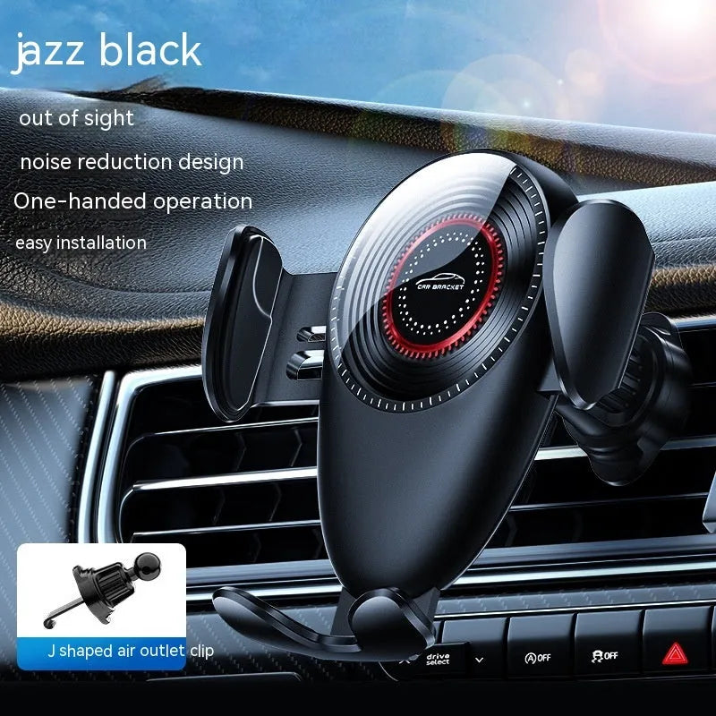 Matte black universal car phone bracket with mechanical support frame mounted on car dashboard