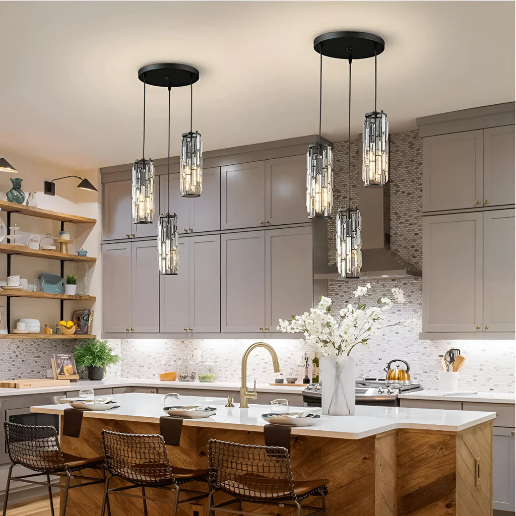 LED single head industrial style crystal droplight chandelier in black, gold, or chrome finish