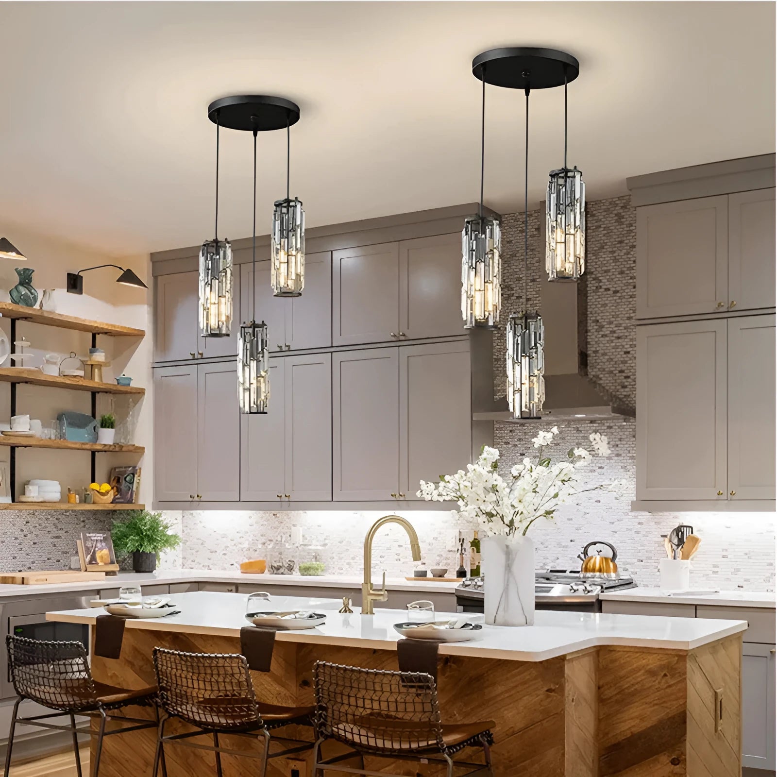 LED single head industrial style crystal droplight chandelier in black, gold, or chrome finish