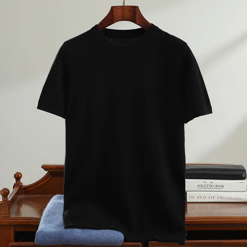 Men's round neck short sleeve sweater in steady black, loose fit pullover, casual youth jumper.