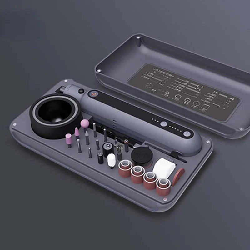 Mini electric polishing cutting machine set with lithium battery showing 5-gear adjustment and 3.2mm clamping mechanism