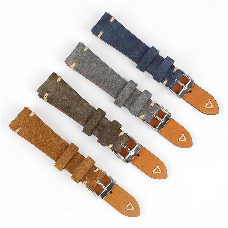 Small waist suede leather watch strap in Army Green, Blue, Brown, or Gray with 20mm or 22mm width options