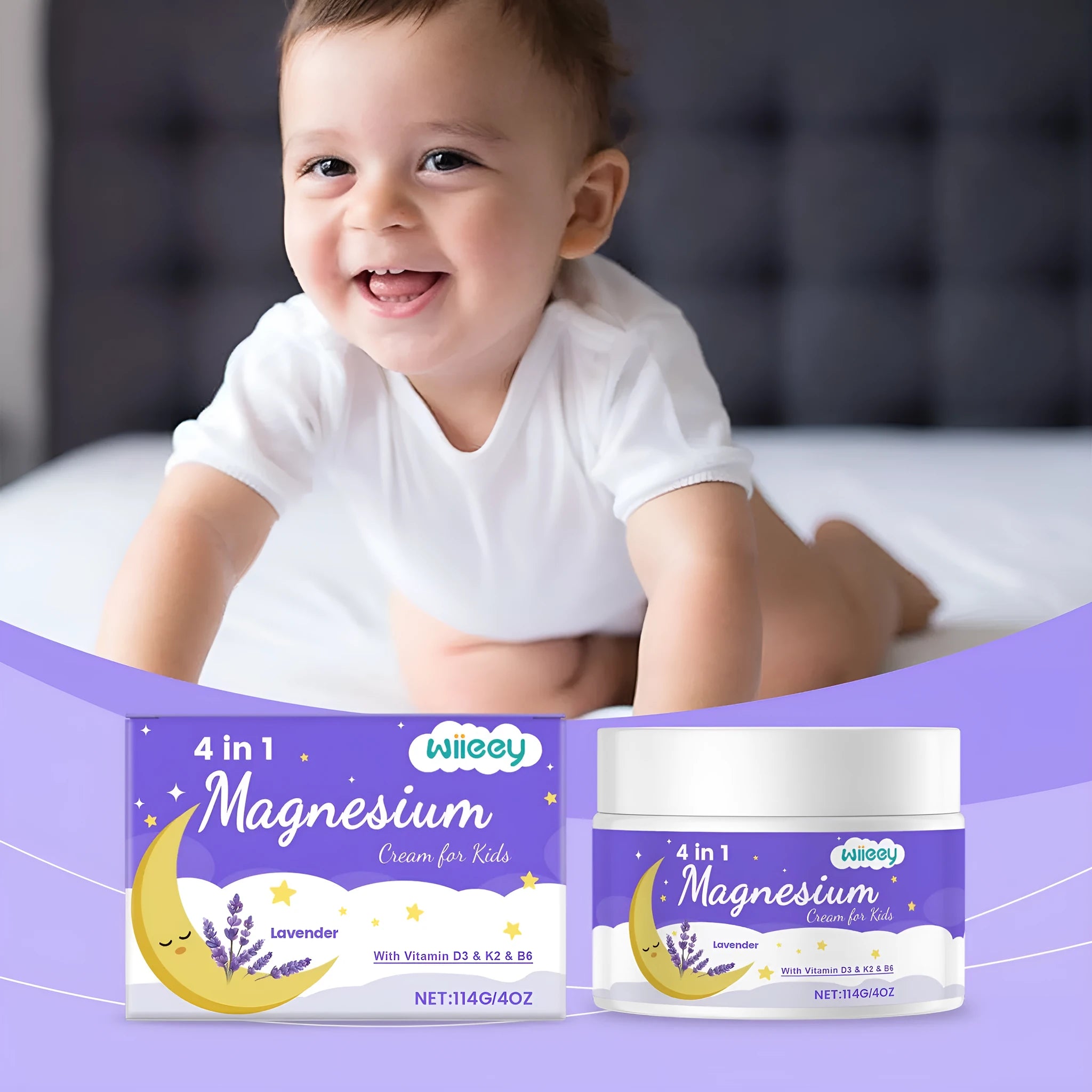 114g jar of children's 4-in-1 magnesium cream with vitamins and lavender oil