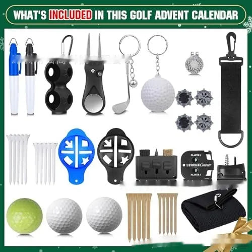 Golf advent calendar 24-piece plastic and silicone decoration set, 28x30x6cm, in colour box packaging