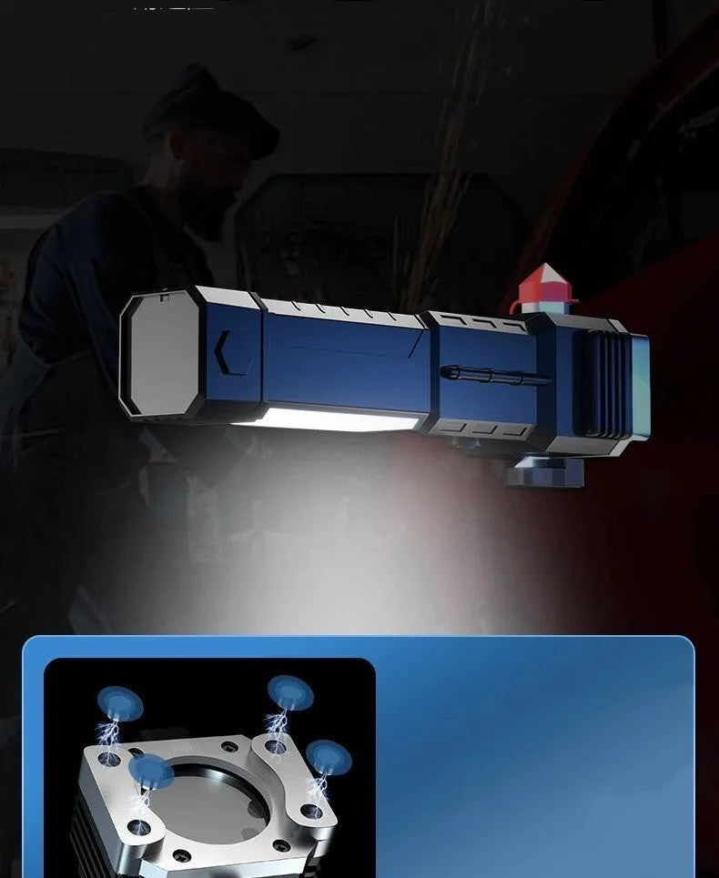 Silver portable power bank flashlight with LED light and IP44 rating for outdoor use.