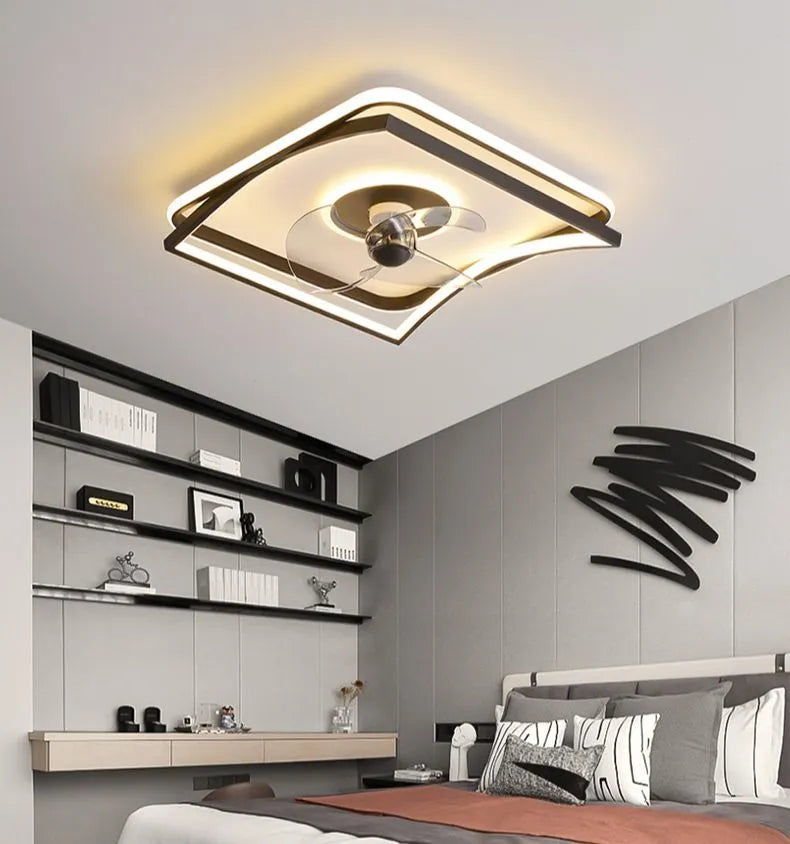 Modern black smart ceiling fan lamp with remote control for bedroom or dining room.