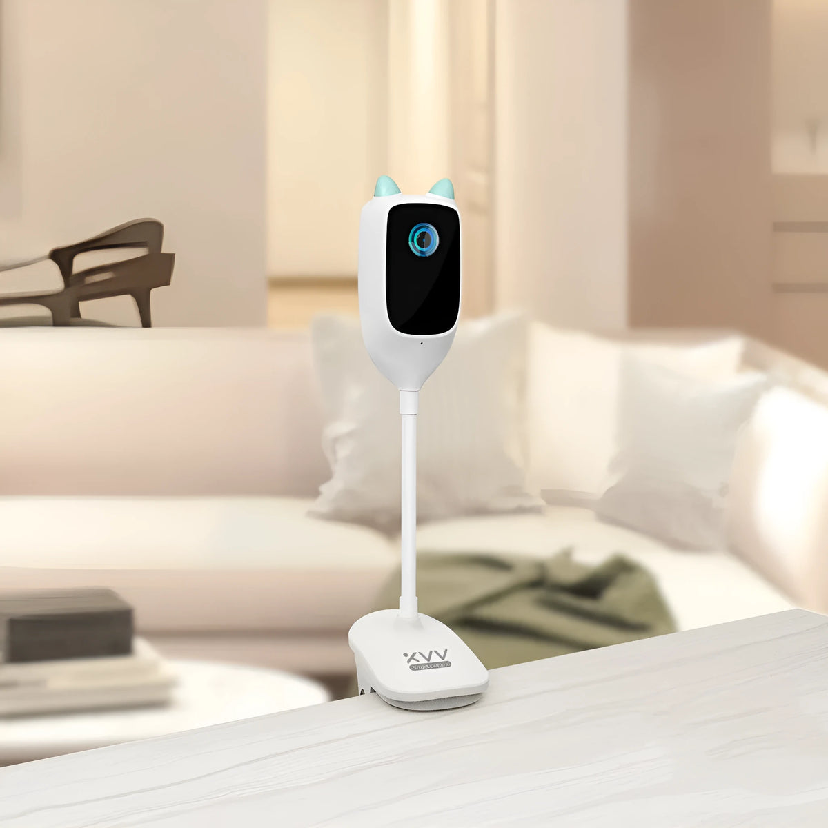 White transparent xiaovv smart baby monitor with 1080p HD infrared night vision and 150-degree ultra wide angle, frosted ABS shell