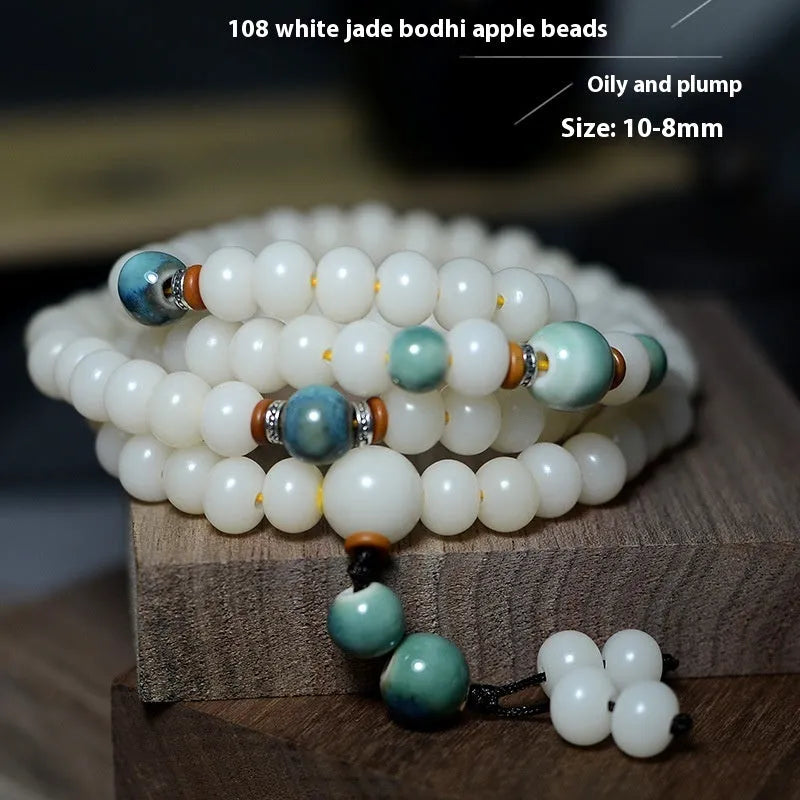 White jade Bodhi seed bracelet with 108 flat round beads in two size options