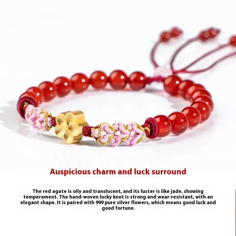 Chinese style hand-woven red rope bracelet with diamond crystal and peach blossom design in pink or red agate.