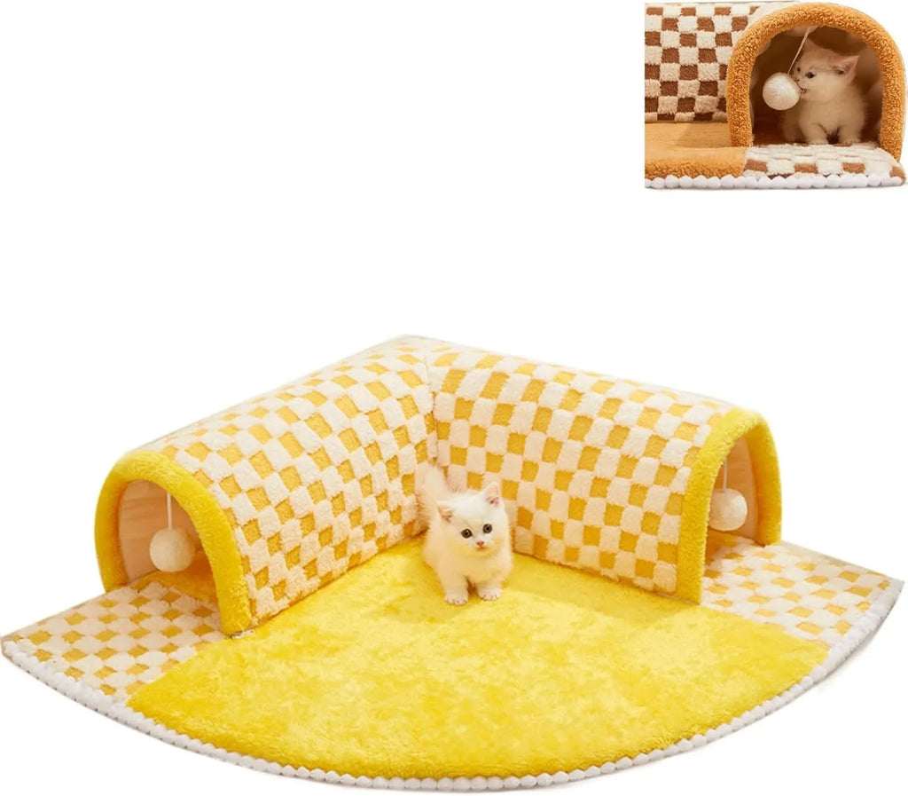 Brown plaid cat tunnel bed with central mat showing non-slip bottom and collapsible tunnel design