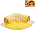 Brown plaid cat tunnel bed with central mat showing non-slip bottom and collapsible tunnel design