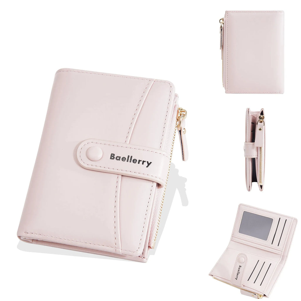 Women's short PU wallet in various colours showing waterproof and anti-theft features.