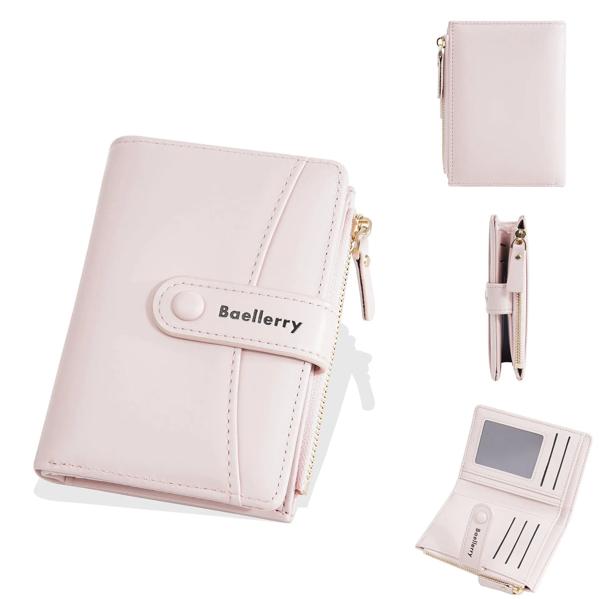 Women's short PU wallet in various colours showing waterproof and anti-theft features.