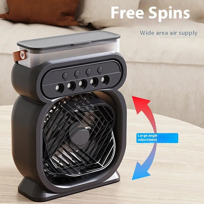 Black portable USB air cooler fan with water reservoir, 7-colour LED lights, and control buttons on a desk.