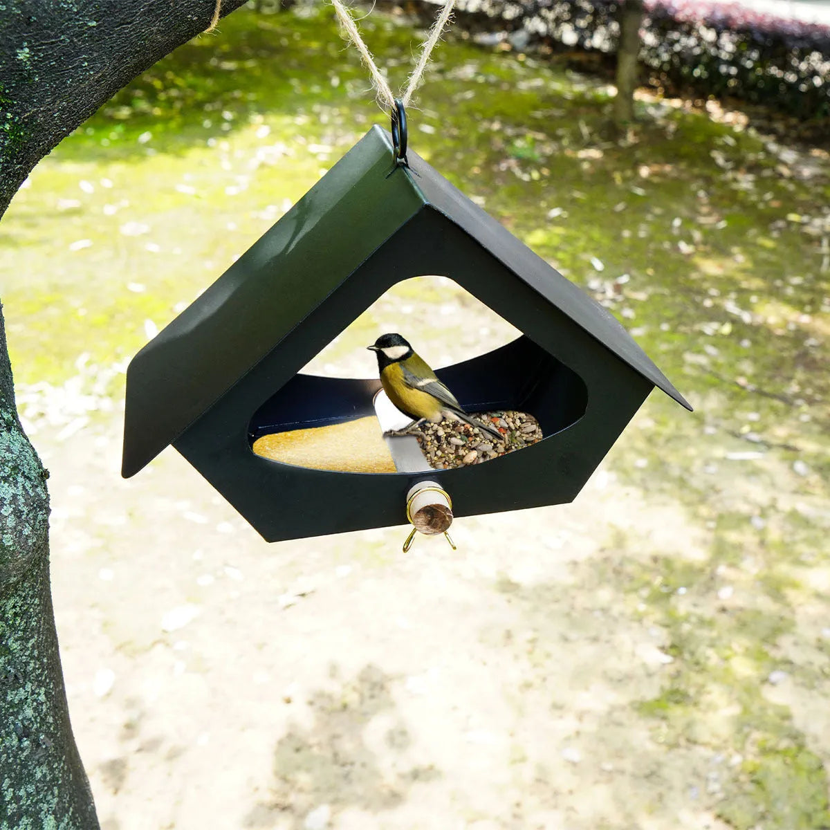 European-style modern iron bird house with anti-rain shelter in garden setting