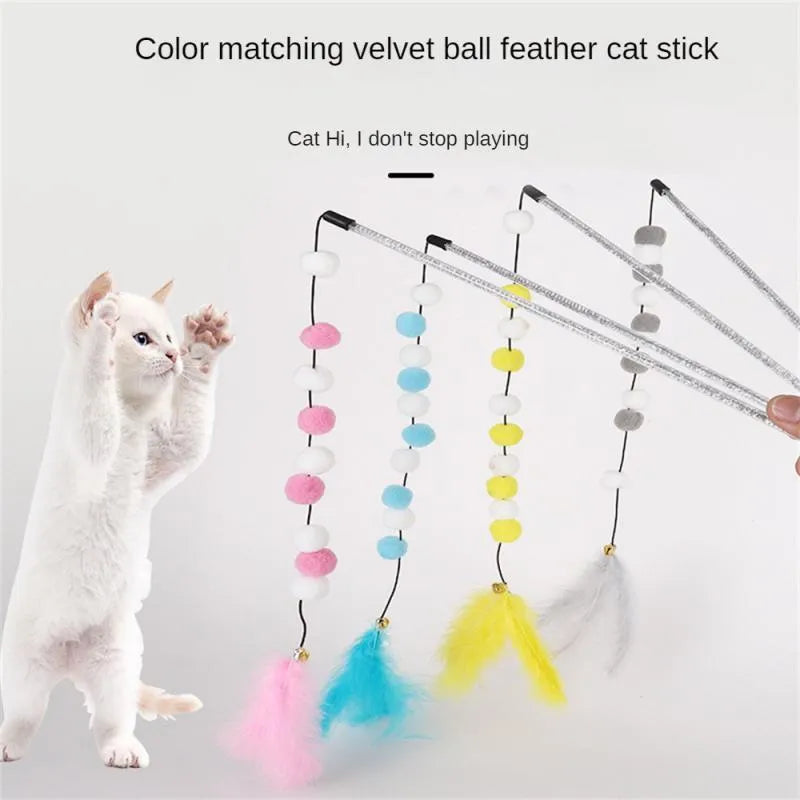 31cm long cat teaser rod with feather and bell attachments in multiple colour options