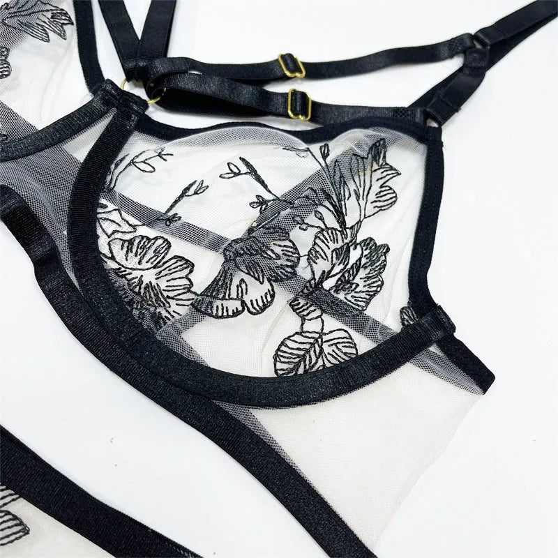 Black lace mesh floral print women's three-piece set with top, trousers, and waist ring