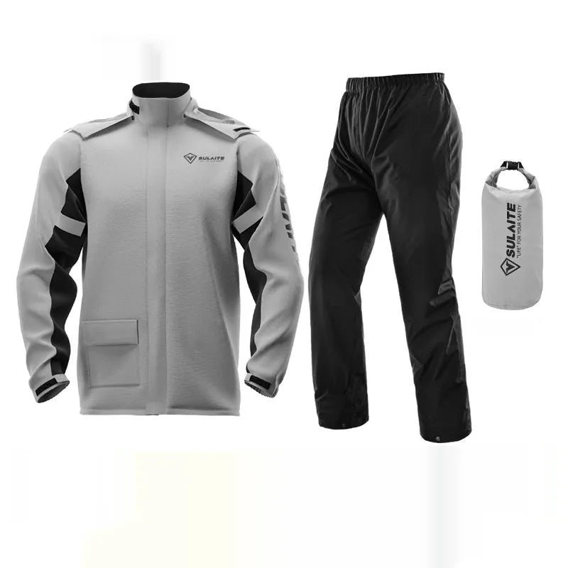 Motorcycle raincoat and rain pants suit in black, gray, green, or orange with hidden shoe covers and storage bag