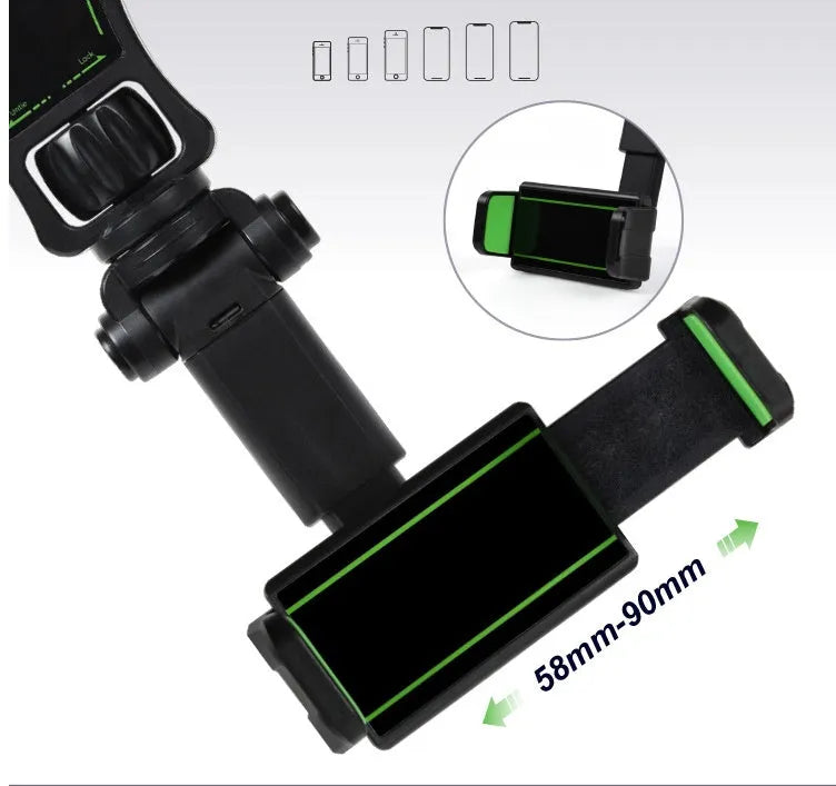 Black and green car phone holder attached to rear view mirror bracket