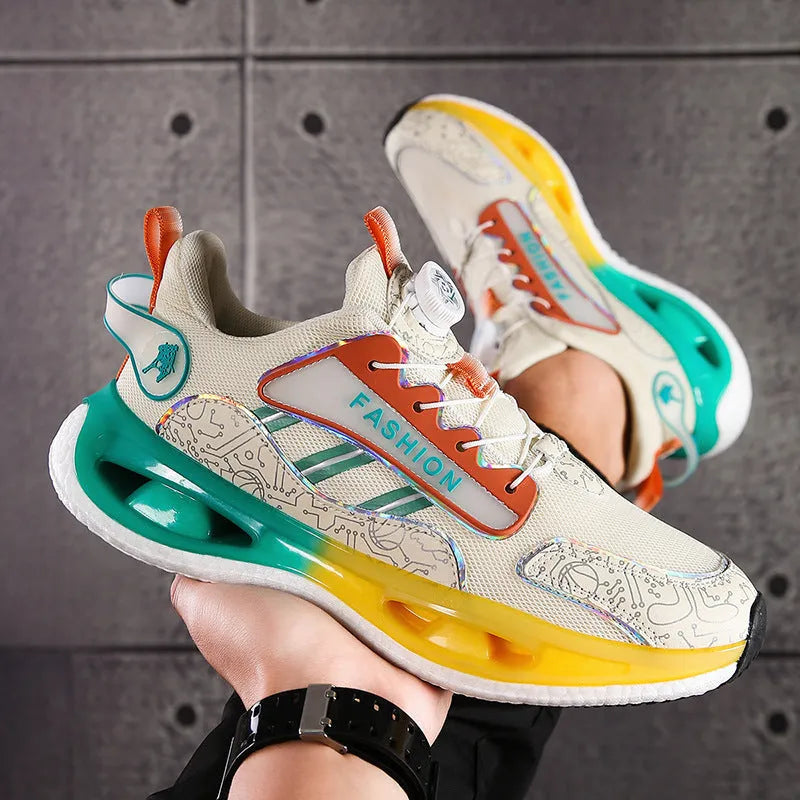 Men's low-top mesh sports shoes in beige orange with elastic band and Popcorn TPU sole for jogging