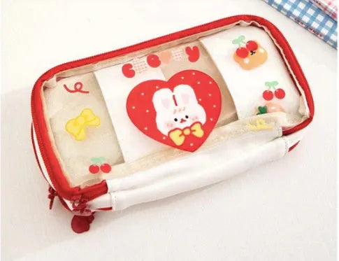 Transparent heart-shaped pen bag in Korean style with pink cake rabbit pattern