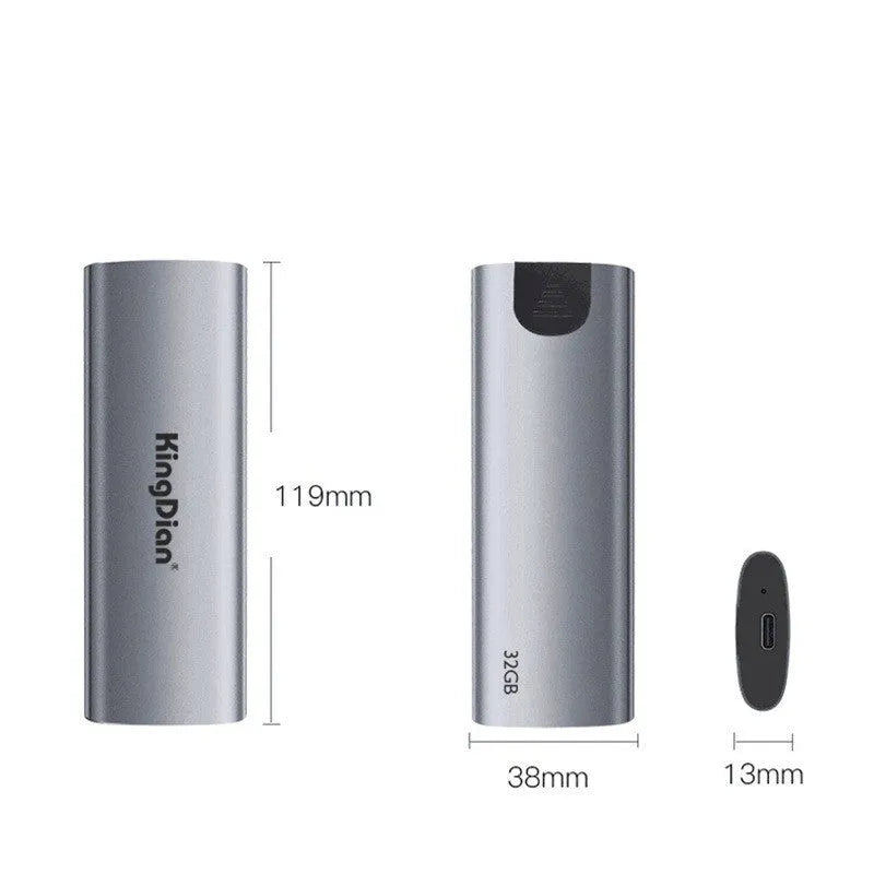 Grey aluminium mobile SSD with USB 3.0 interface measuring 119mm x 38mm x 13mm for direct phone connection
