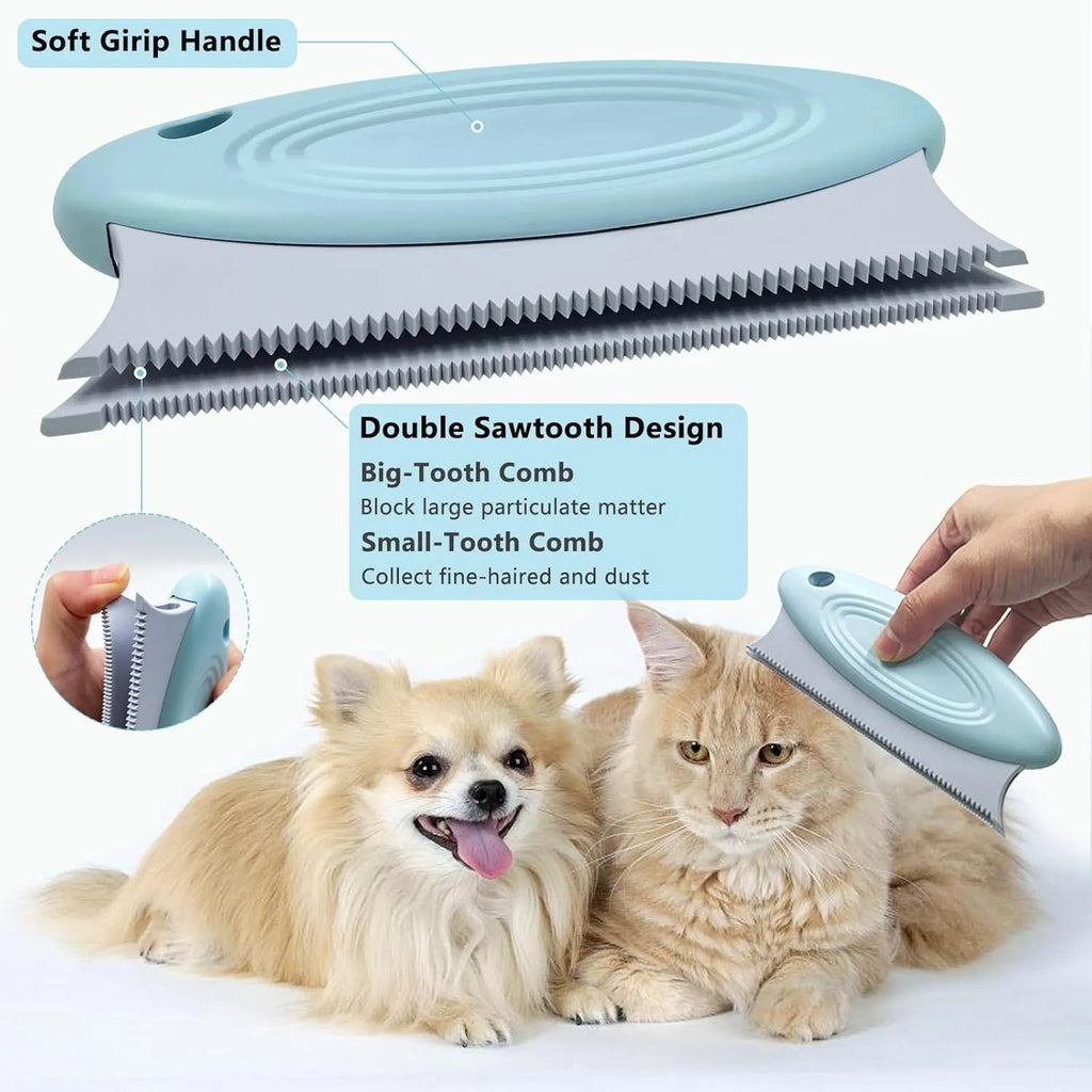 Three pet hair removal tools: metal lint remover, silicone brush and round cleaner with beech wood handle