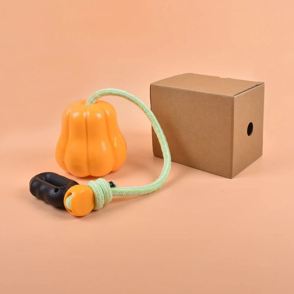 Orange pumpkin-shaped plastic dog toy measuring 10.3cm with optional rope attachment for fetch games