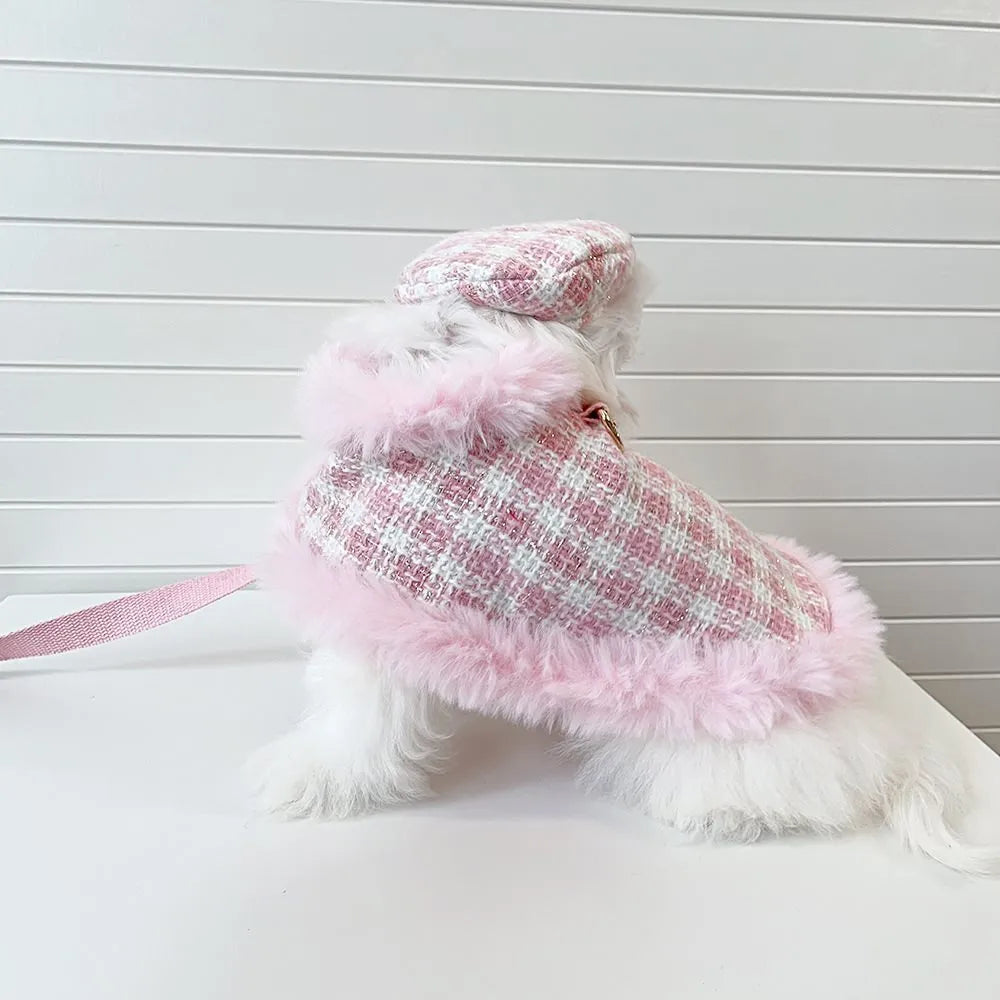 Pink polyester cat cape set with beret and drawstring for chest and back traction support