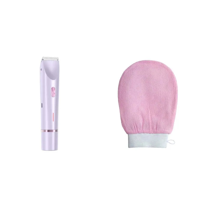 Pink women's electric razor and trimmer with two heads, USB cable, and brush on a white background.