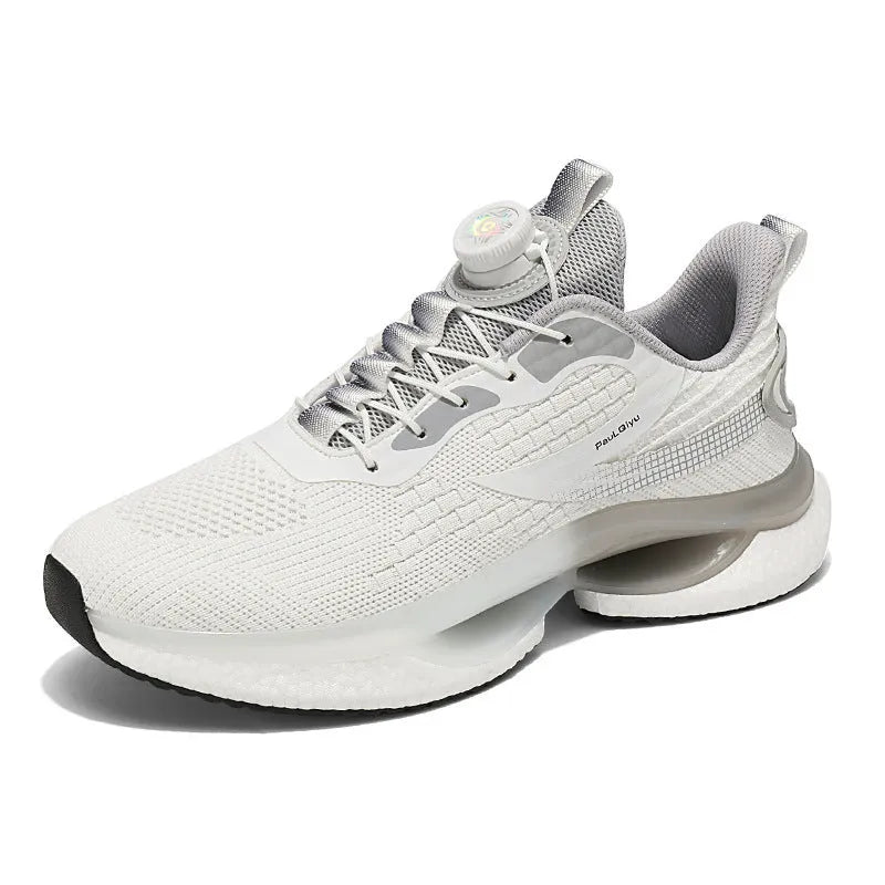 White rotating buckle running shoes with Fly-kit mesh upper and TPU popcorn sole