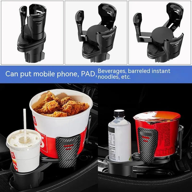 Second generation car cup holder modification with carbon fibre finish showing 8cm diameter ABS plastic construction