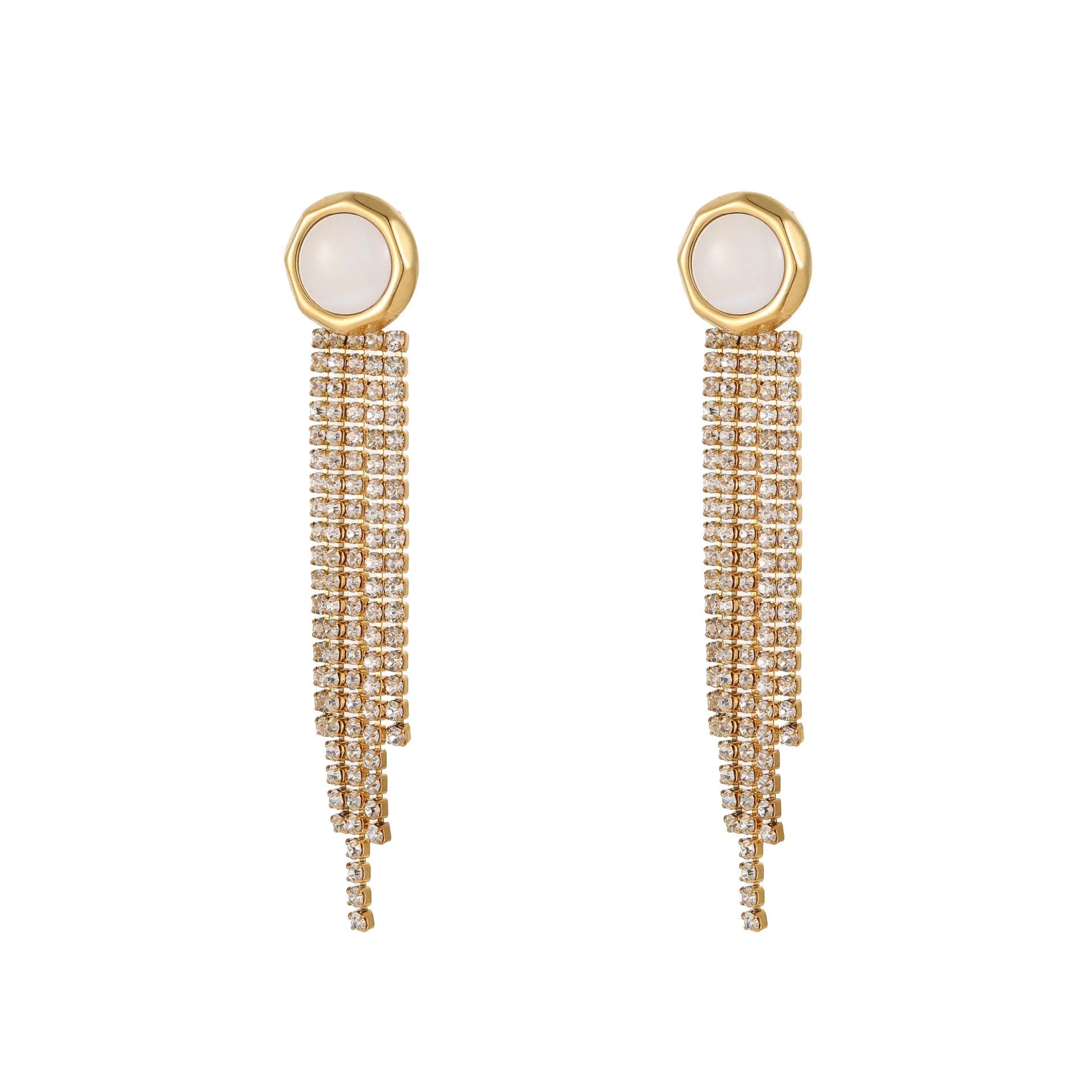 Gold-colour stainless steel earrings with heart and star tassel designs on a white background.