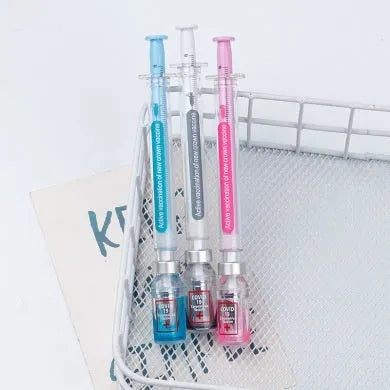 Vaccine design gel pen with plastic shell, cap, and 0.5mm black ink refill