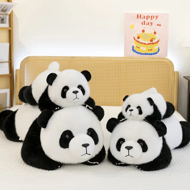 60cm lying style panda plush pillow with black and white plush fabric and PP cotton filling