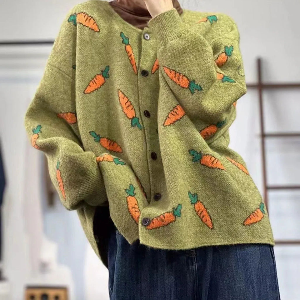Round neck cardigan with Mori artistic printing and colour contrast details in loose fit
