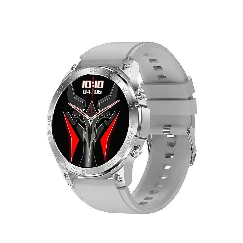 Black smartwatch with round AMOLED screen and silicone strap, showing fitness data on always-on display.