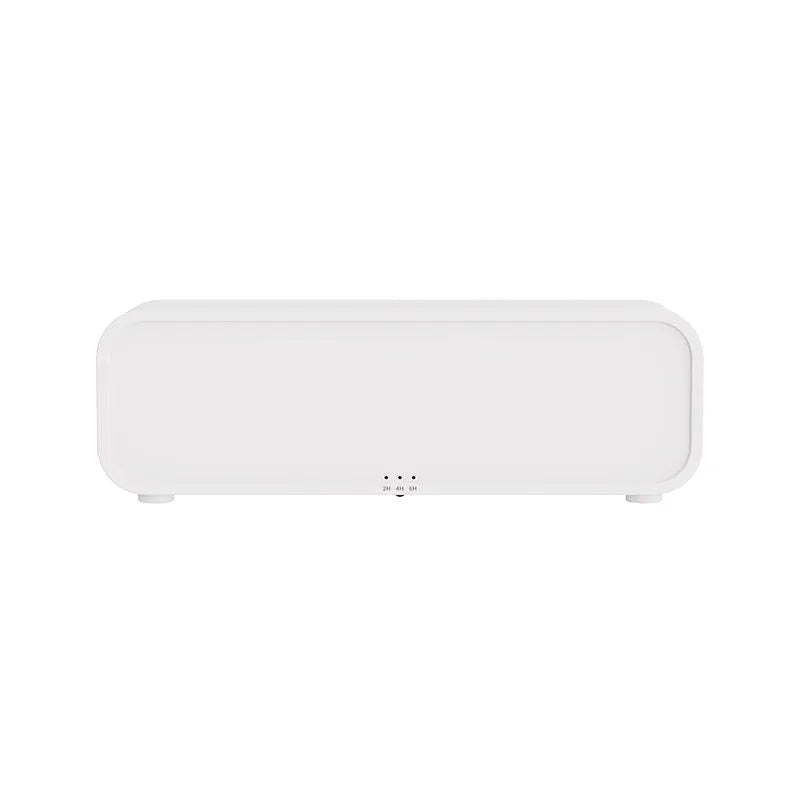Black and white USB essential oil aroma diffuser with remote control and colour-changing flame light.